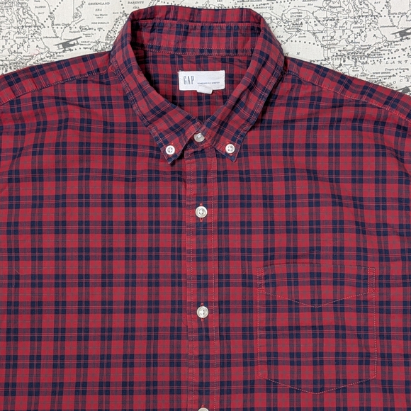 GAP Men's Red and Navy Standard Fit Stretch Plaid Shirt Size XL - Picture 4 of 6